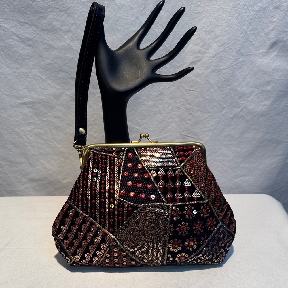 Patricia Nash Black and Red Leather Patchwork Wristlet